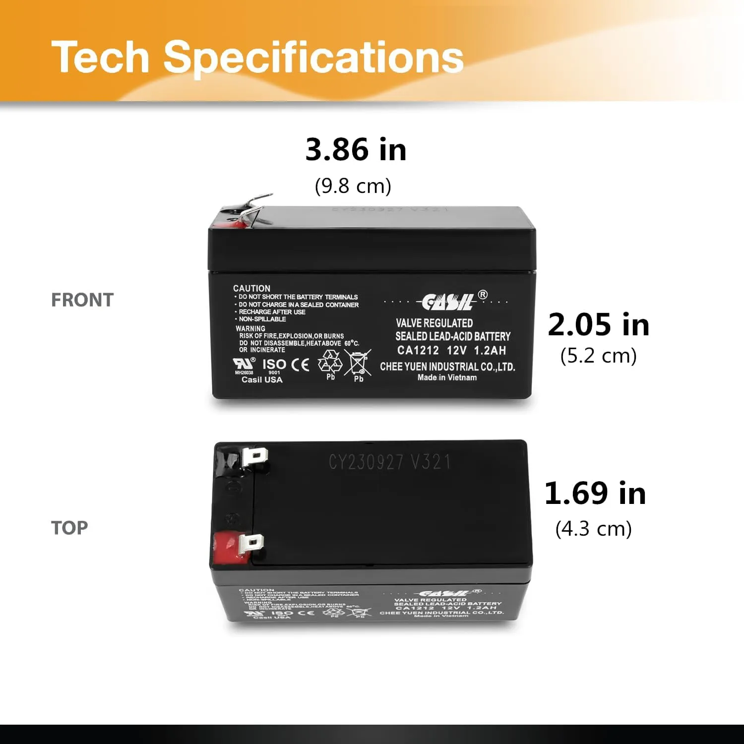 Casil 12V 1.2Ah Replacement Battery Compatible with ADI/Ademco 484 Security System, Technacell TC1212 Emergency Light