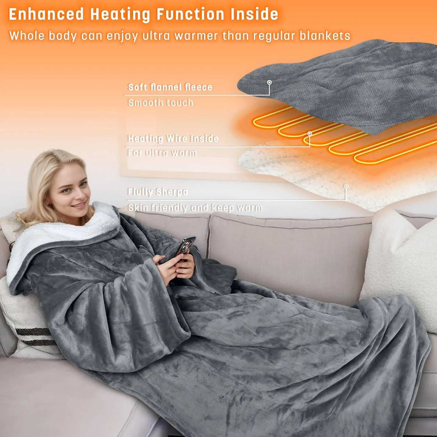 Catalonia Heated Blanket with Sleeves, Electric Snuggle Blanket for Women Men, Wearable Wired Heating Throw Blanket with 5 Heating Levels, Valentine's Day Gift for Her