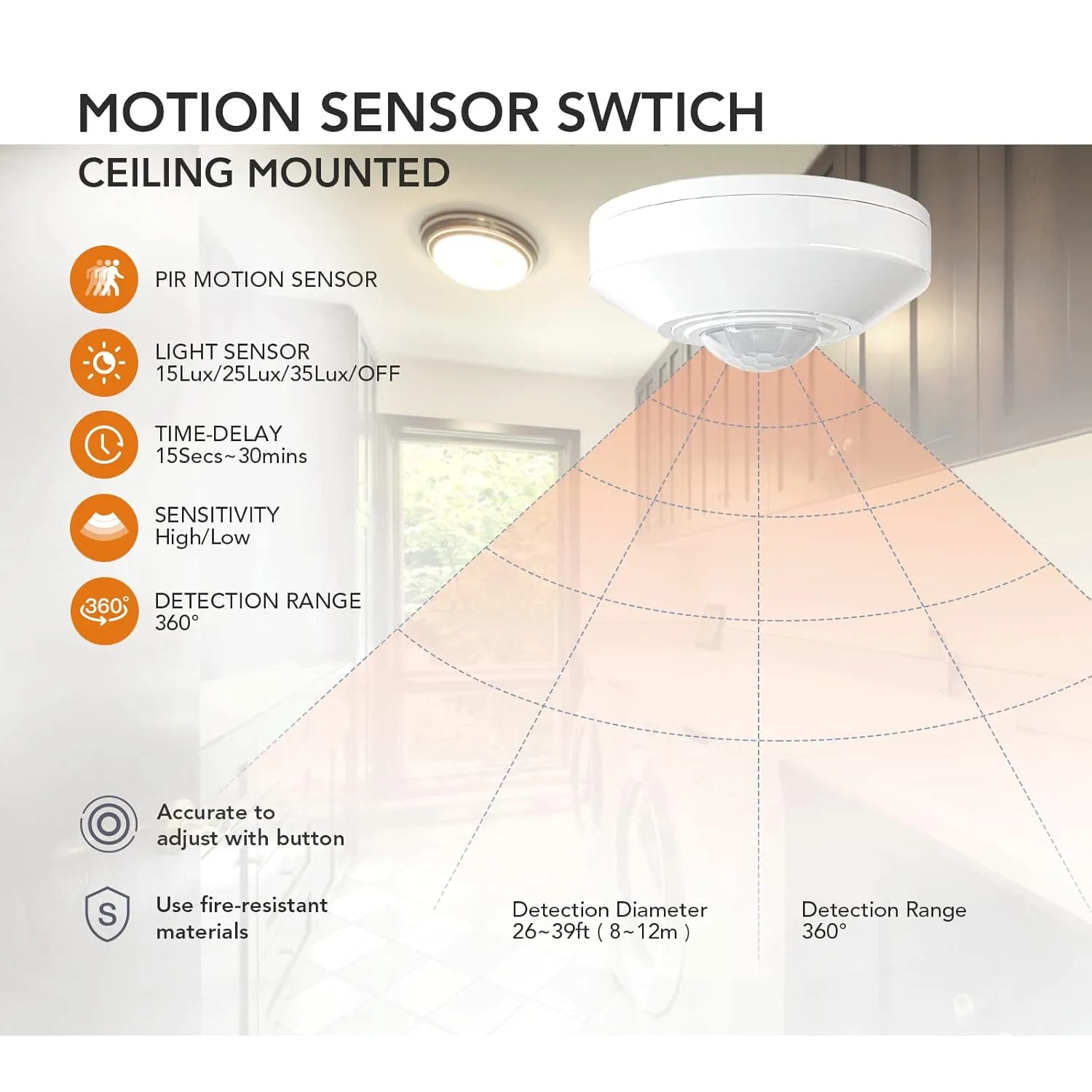 Ceiling Mount 360 degree PIR Occupancy Motion Sensor,2200W,110-265V,8-12M High Sensitive HardWired Occupancy Sensor Detector, Commercial/Residential,Up to 1600 sq.ft(10A,Neutral Wire Required)