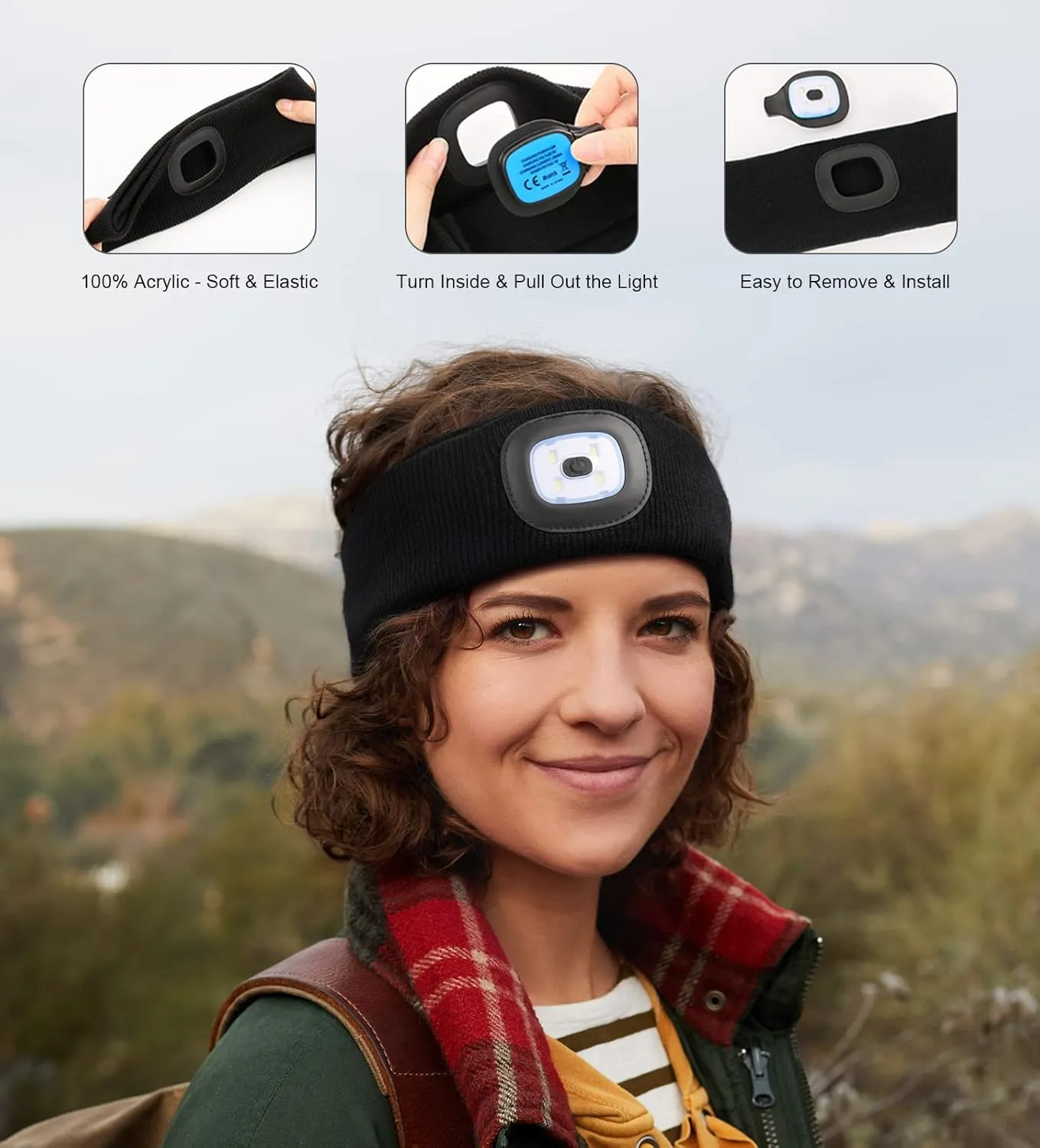 CENSGO Headband with The Light, Cool Gadgets Gifts for Sports, Lighted Sweatband- 3 Brightness Settings,Christmas Stocking for Men Women, Sweatband for Running, Hiking (Black)