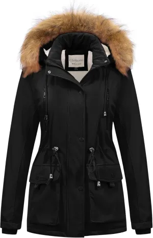 Chrisuno Women's Winter Parka Coats Soft Fleece Sherpa Lined Drawstring Snow Jacket With Faux Fur Trim Hood