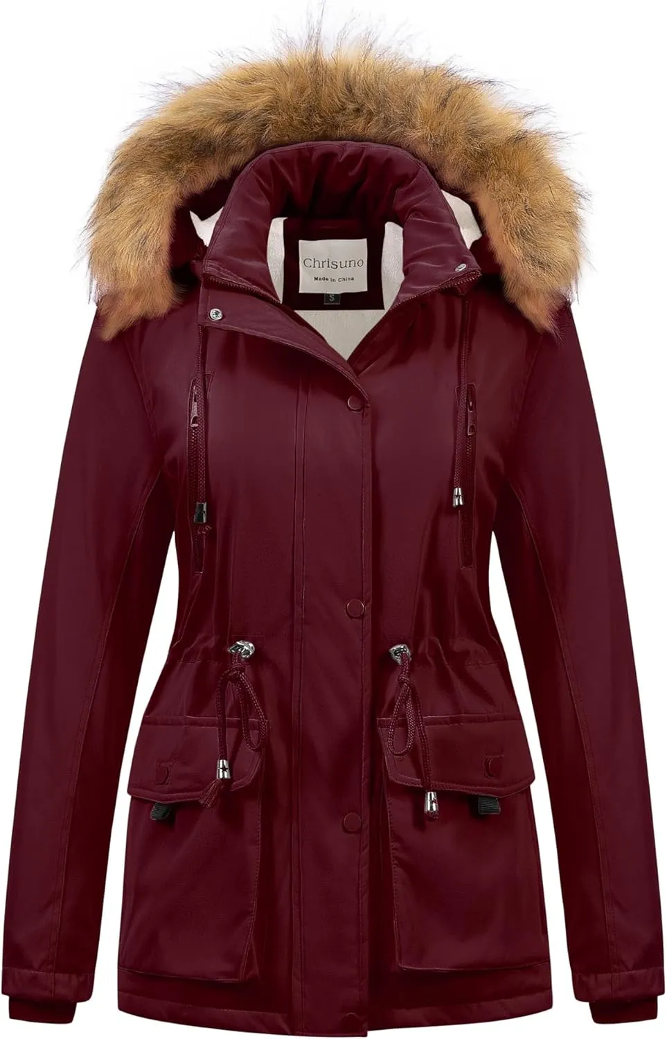 Chrisuno Women's Winter Parka Coats Soft Fleece Sherpa Lined Drawstring Snow Jacket With Faux Fur Trim Hood