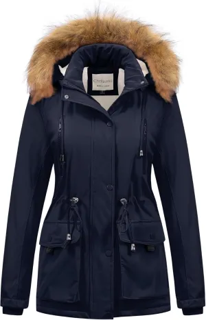 Chrisuno Women's Winter Parka Coats Soft Fleece Sherpa Lined Drawstring Snow Jacket With Faux Fur Trim Hood