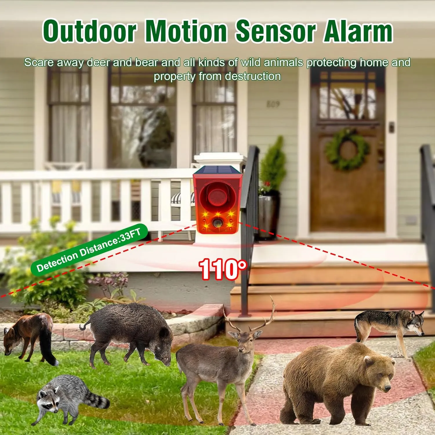 ChunHee Solar Outdoor Motion Sensor Alarm with Dog Barking Gunshot Sound, Support Recording and Adjustable Volume, 130db Loud Noise Maker 3 Work Modes Strobe Light for Home, Villa, Farm, Barn (1pack)