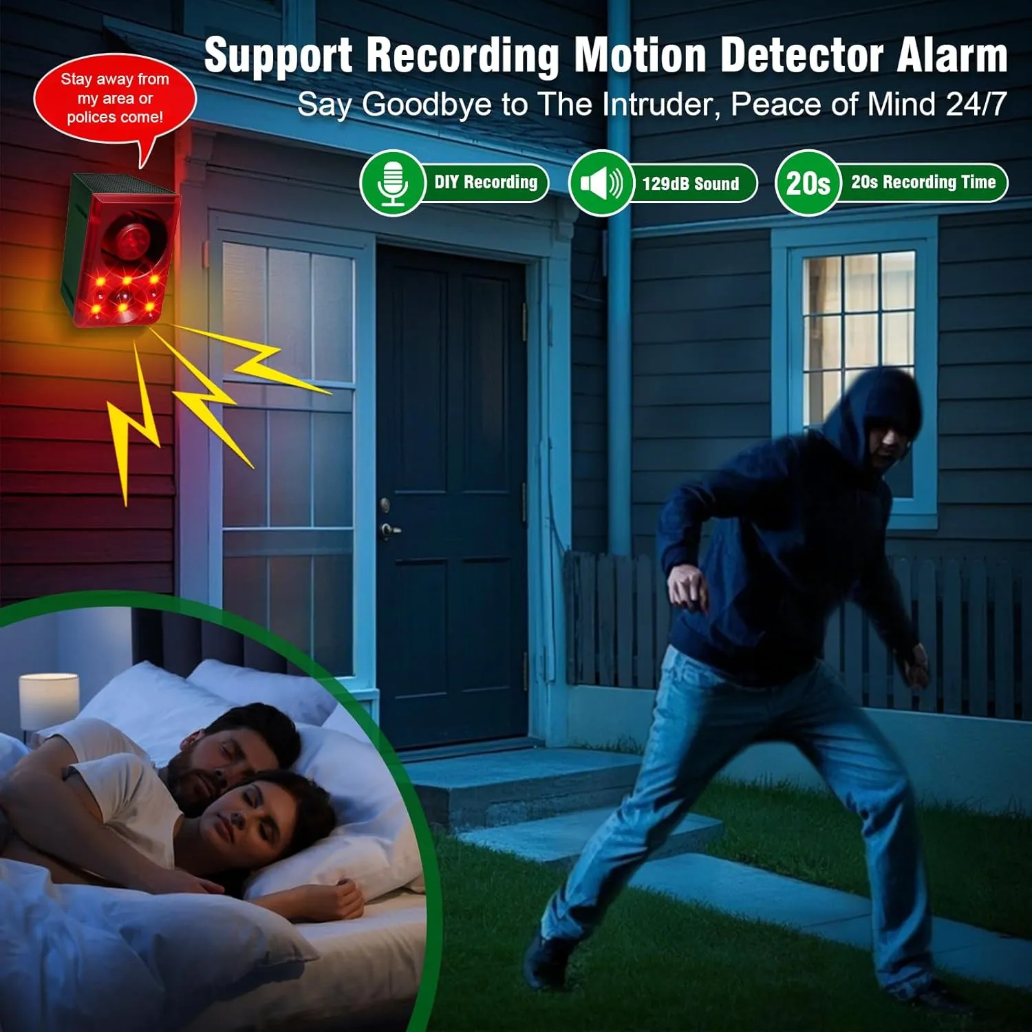 ChunHee Solar Outdoor Motion Sensor Alarm with Dog Barking Gunshot Sound, Support Recording and Adjustable Volume, 130db Loud Noise Maker 3 Work Modes Strobe Light for Home, Villa, Farm, Barn (1pack)