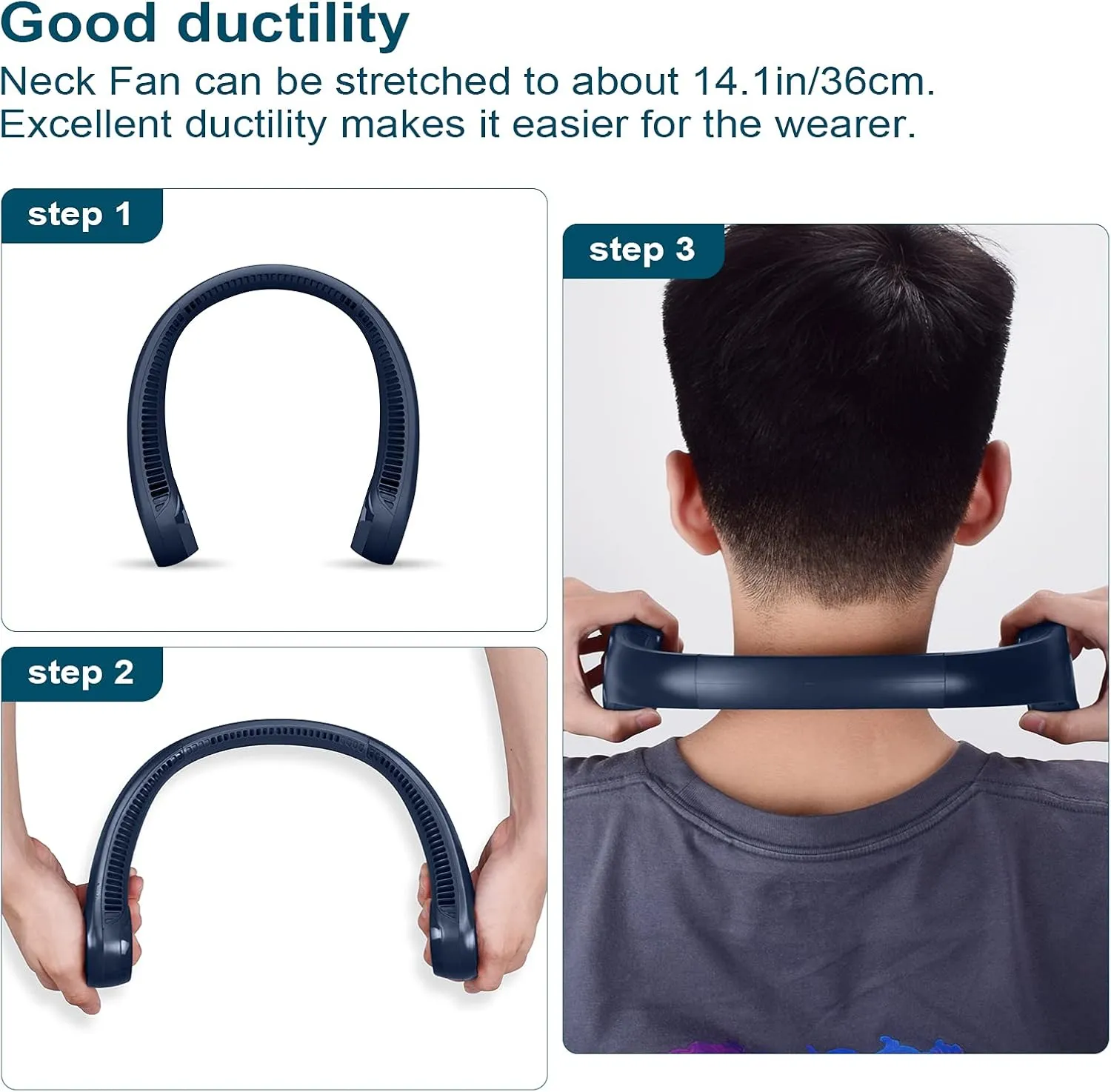 CIVPOWER Neck Fan: Portable Personal Neck Cooling Rechargeable Bladeless Fan - Hands Free 3 Speed 4000 mAh Battery USB Operated Wearable Headphone Design - for Men Women Outdoor Indoor (Dark Blue)