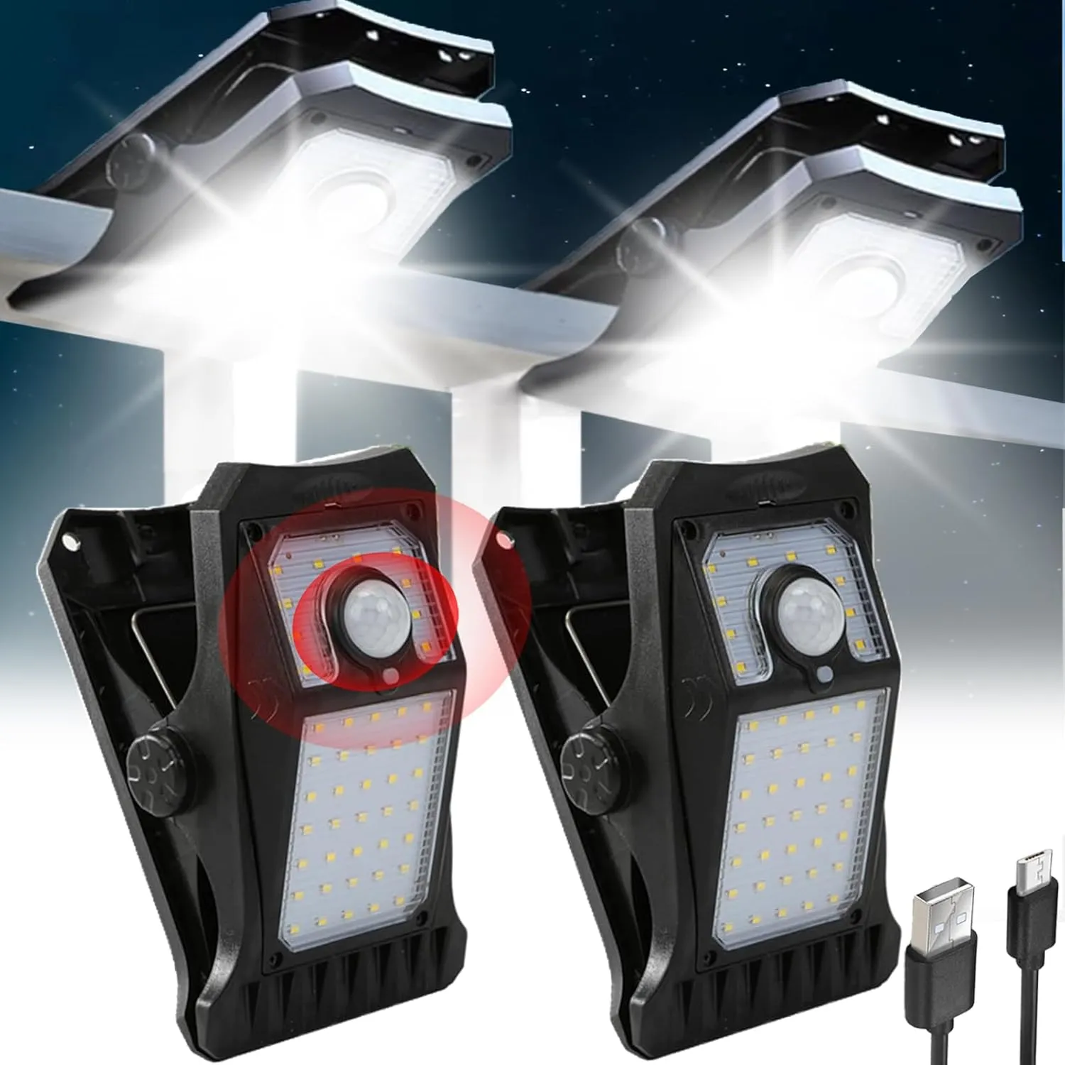 Clip on Solar Lights Outdoor, 3 Light Modes Chain Link Fence Lights Solar Powered Motion Sensor Outdoor Lights for Patio Wall Gutter Camping RV (45LED, 2 Packs)