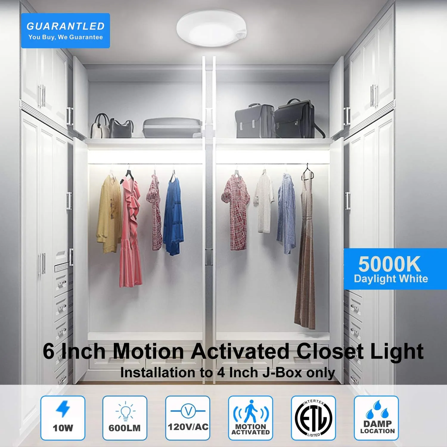 Closet Lights Motion Sensored Indoor Ceiling Mount LED-10W 5000K Closet Stair Porch Ceiling Pantry Motion Activated Light 6-7/8 Inch 90CRI 600lm Hardwire to Junction Box, No Battery, Damp Rated 4 Pack