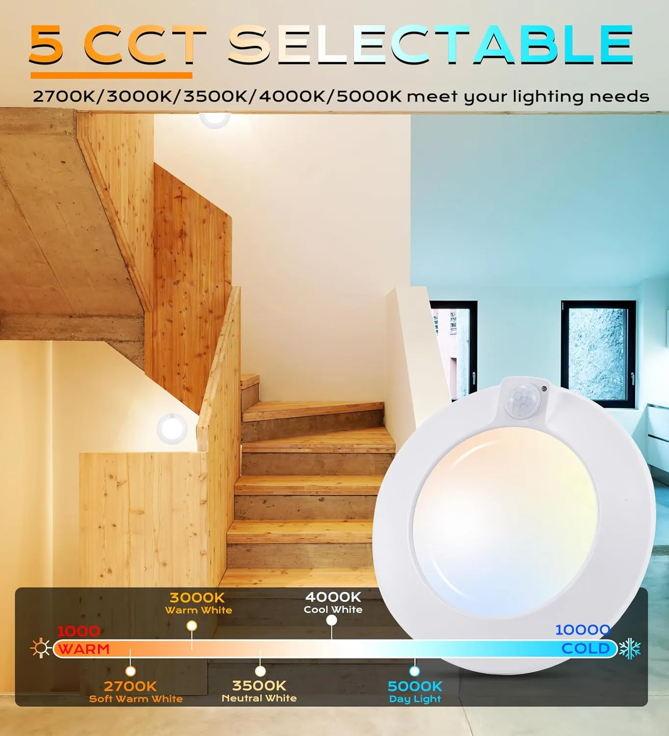 CLOUDY BAY 5 Color Motion Sensor Ceiling Light, 120V CRI90 10W,6.5 inch 2700K/3000K/3500K/4000K/5000K Selectable LED Flush Mount Fixture for Garage,Walk-in Closet,Attic,Pantry