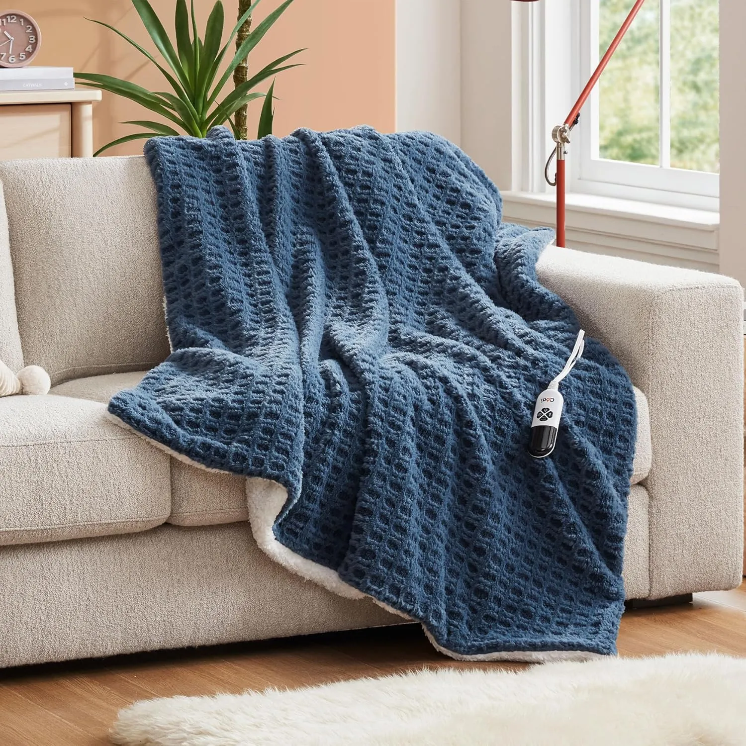 Codi Faux Fur Heated Throw Blanket, Navy Luxury Soft Heating Blankets with Fuzzy Sherpa Back, Electric Throws for Couch and Sofa as A Great Gift, 6 Heat Setting with 2H Auto Shut Off, 50"x60"