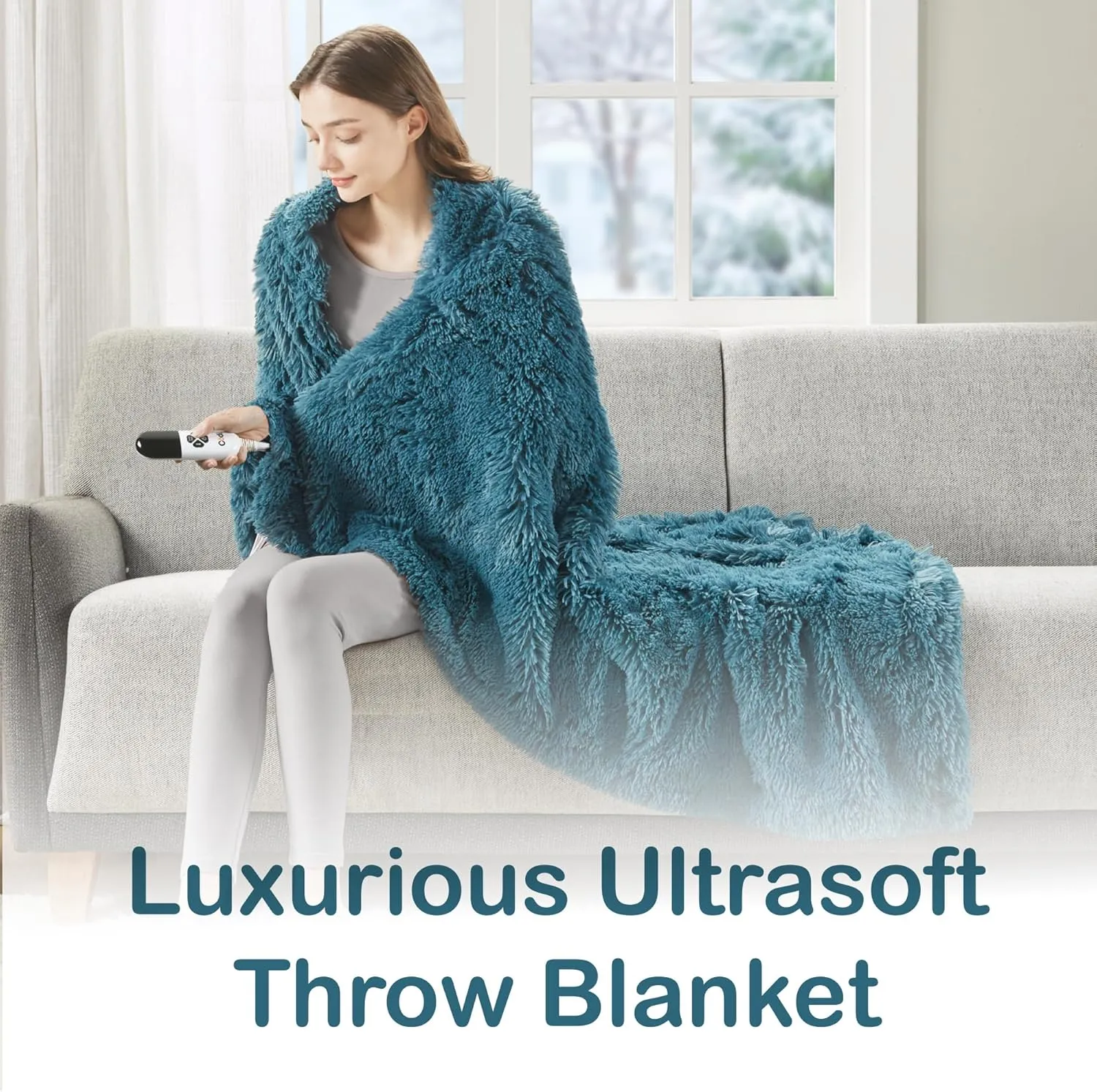 Codi Fuzzy Shaggy Fur Electric Blanket Throw | Teal 50x60 | Super Soft Couch Heated Throws | 6 Heating Levels & 4 Time Settings with Auto Shut Off, 6ft Power Cord | Washable