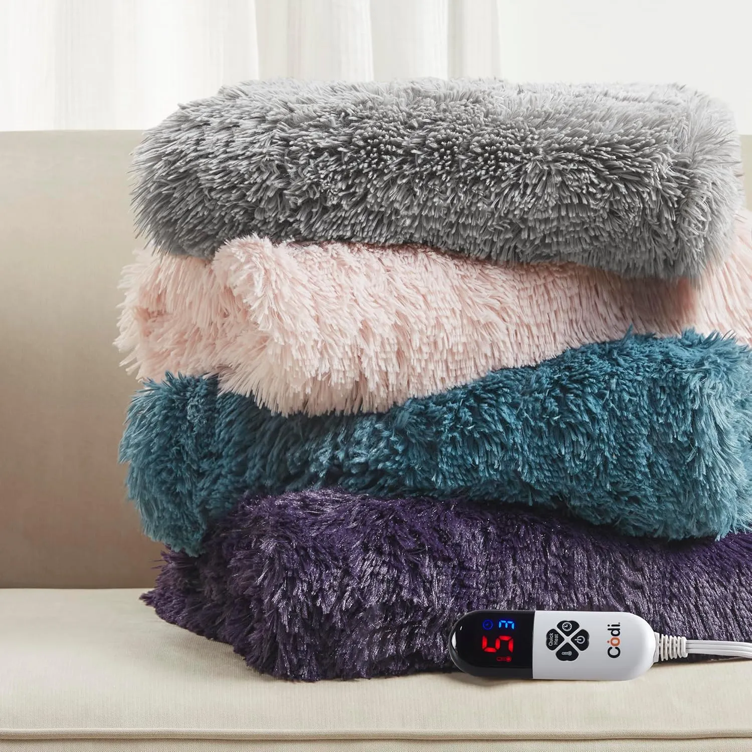 Codi Fuzzy Shaggy Fur Electric Blanket Throw | Teal 50x60 | Super Soft Couch Heated Throws | 6 Heating Levels & 4 Time Settings with Auto Shut Off, 6ft Power Cord | Washable