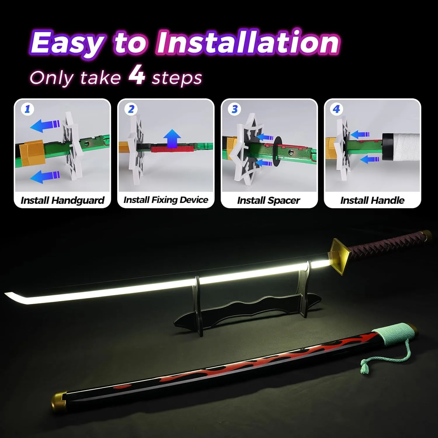 Cold Blade Light Up Roronoa Zoro Sword - 40 inches Rechargeable Light Saber Sword, Plastic Anime Replica Katana with Belt & Stand
