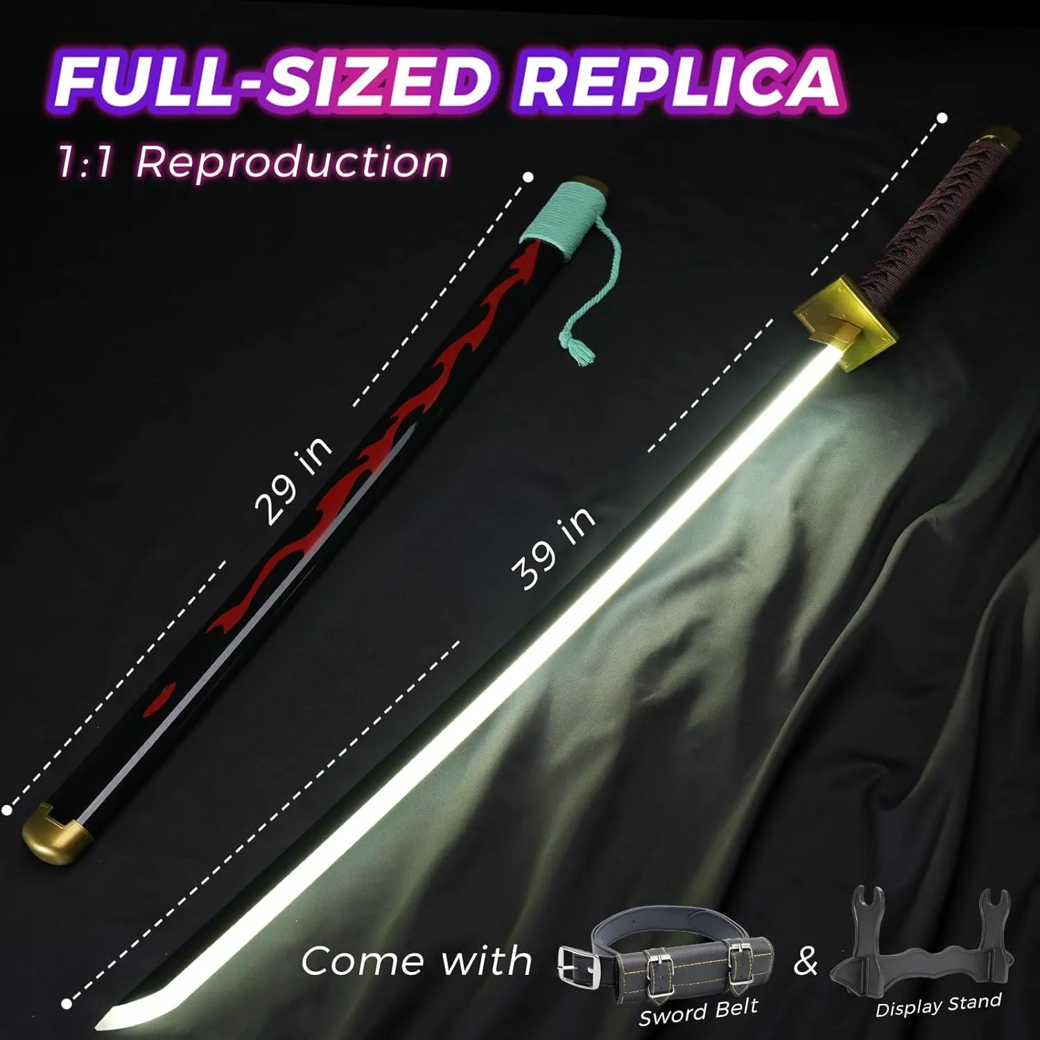 Cold Blade Light Up Roronoa Zoro Sword - 40 inches Rechargeable Light Saber Sword, Plastic Anime Replica Katana with Belt & Stand