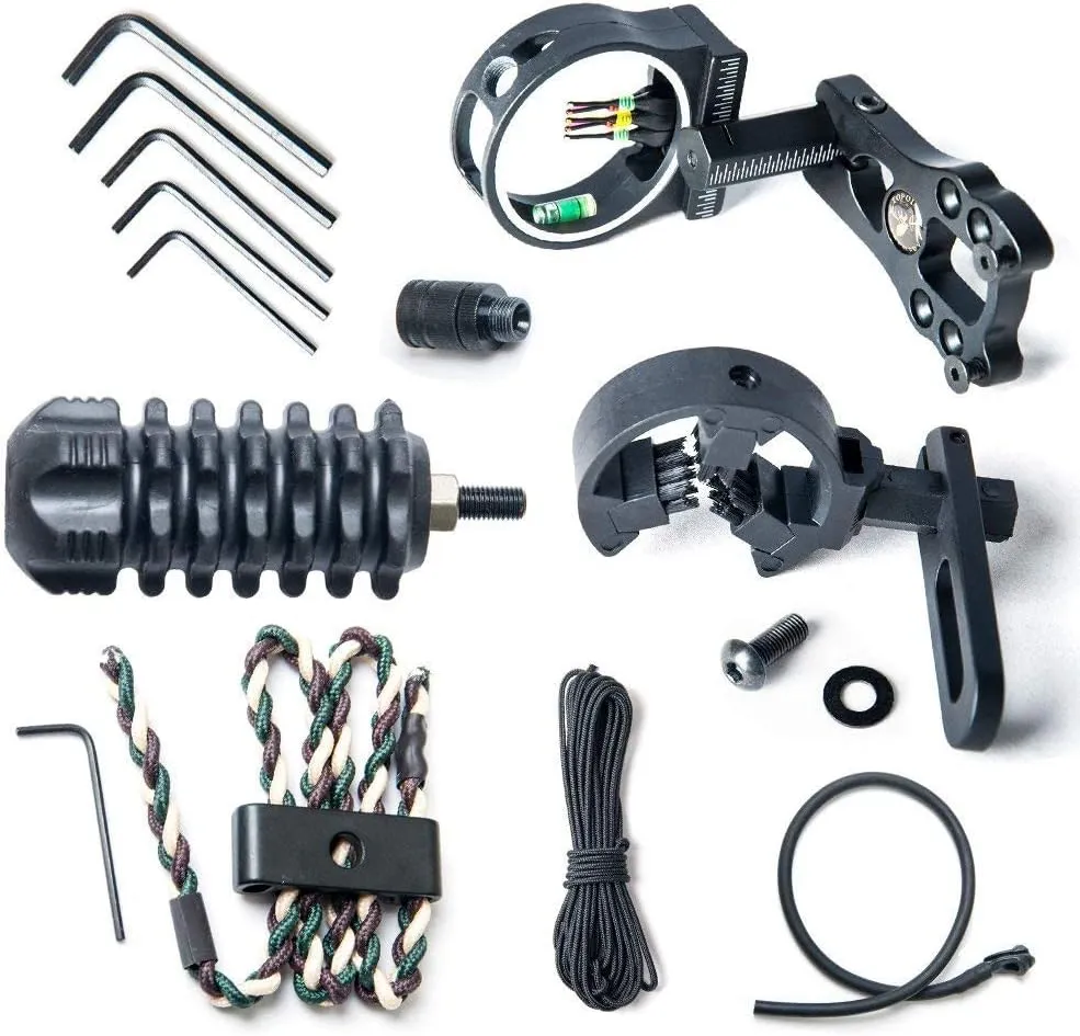 Compound Bow Archery Essential Archer Upgrade Combo Sight Kits Shooting Hunting Set Including 5-pin Bow Sight, Arrow Rest, Stabilizer, Braided Bow Sling, Peep Sight,D-Loop (5 pin Sight 6pcs Set)