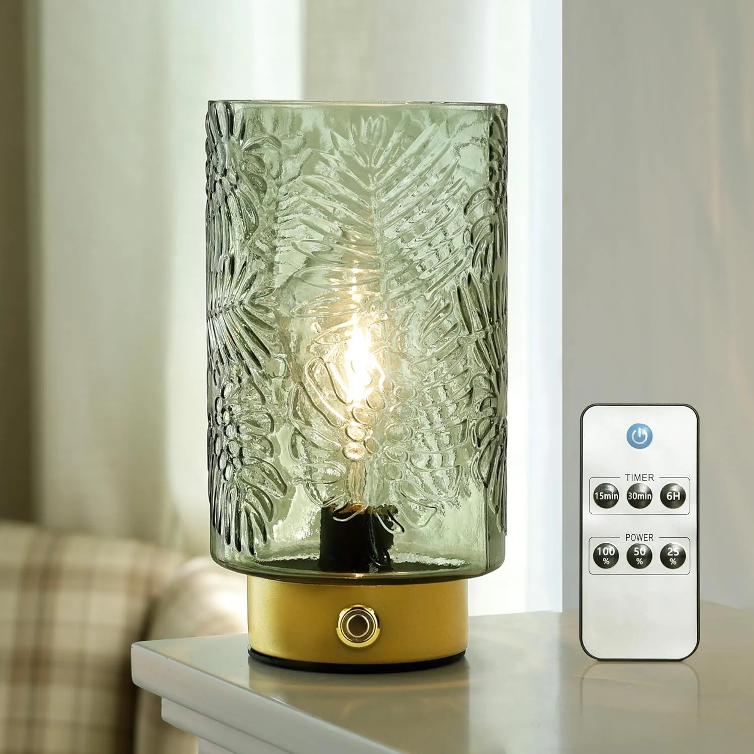 Cordless Lamp Rechargeable Battery Operated lamp, Glass Table Lamp Remote Control - Dimmable Brightness Touch Wireless Bedside Lamp for Bedroom Kitchen Dining Home Living Room Decor Green