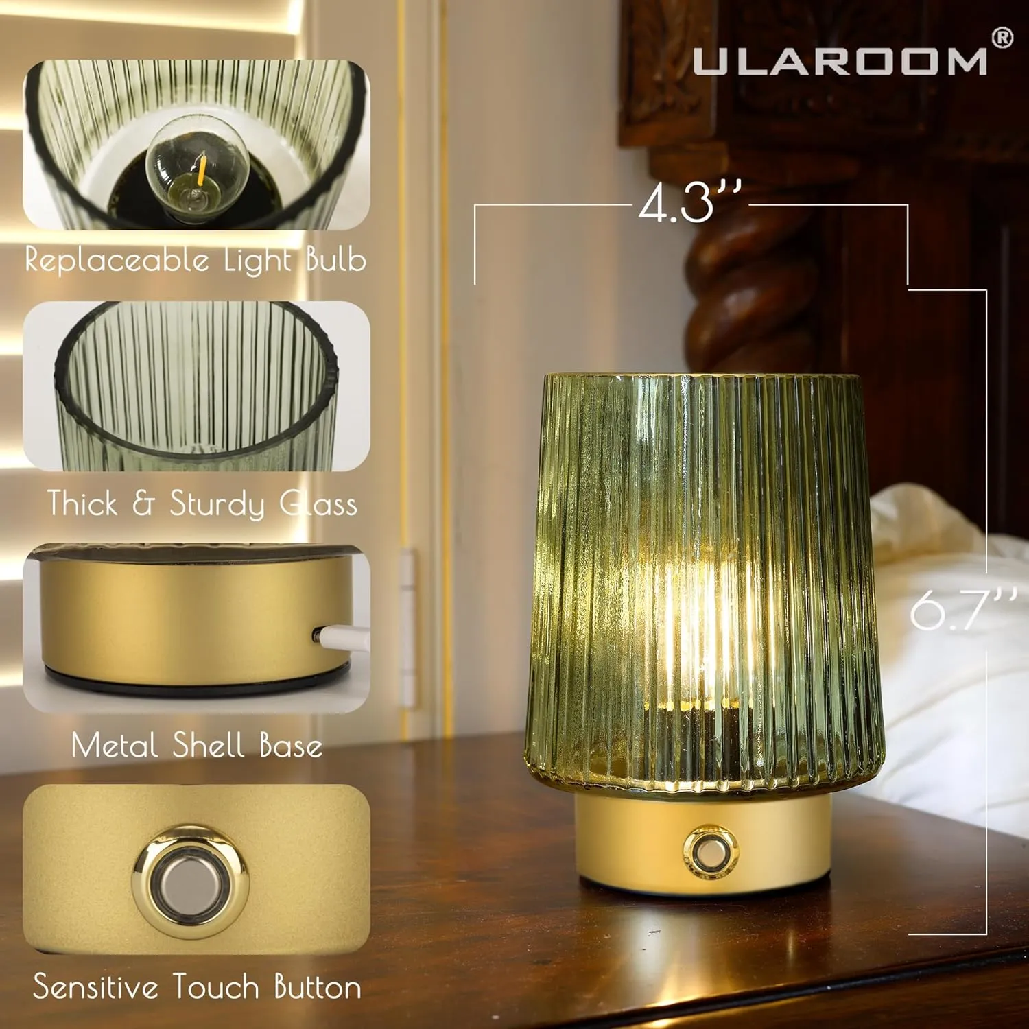 Cordless Rechargeable Battery Operated lamp, Glass Small Table lamp - Portable Dimmable Brightness Touch Wireless Bedside Lamp for Bedroom Kitchen Dining Home Living Room Decor Sage Green