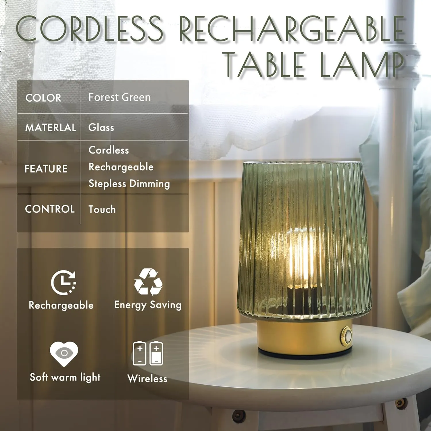 Cordless Rechargeable Battery Operated lamp, Glass Small Table lamp - Portable Dimmable Brightness Touch Wireless Bedside Lamp for Bedroom Kitchen Dining Home Living Room Decor Sage Green