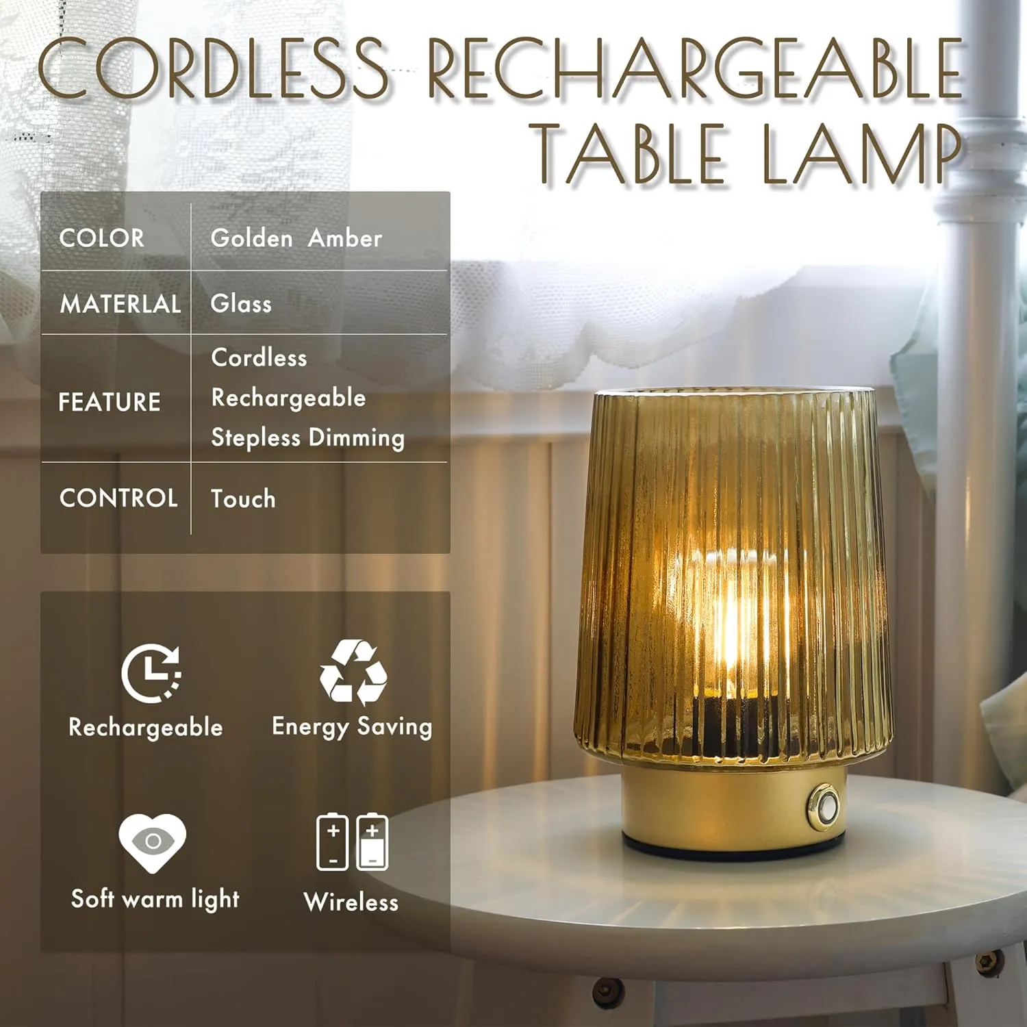 Cordless Rechargeable Battery Operated lamp,Glass Small Table lamp-Portable Dimmable Brightness Touch Wireless Bedside Lamp for Bedroom Kitchen Dining Home Living Room Decor Yellow