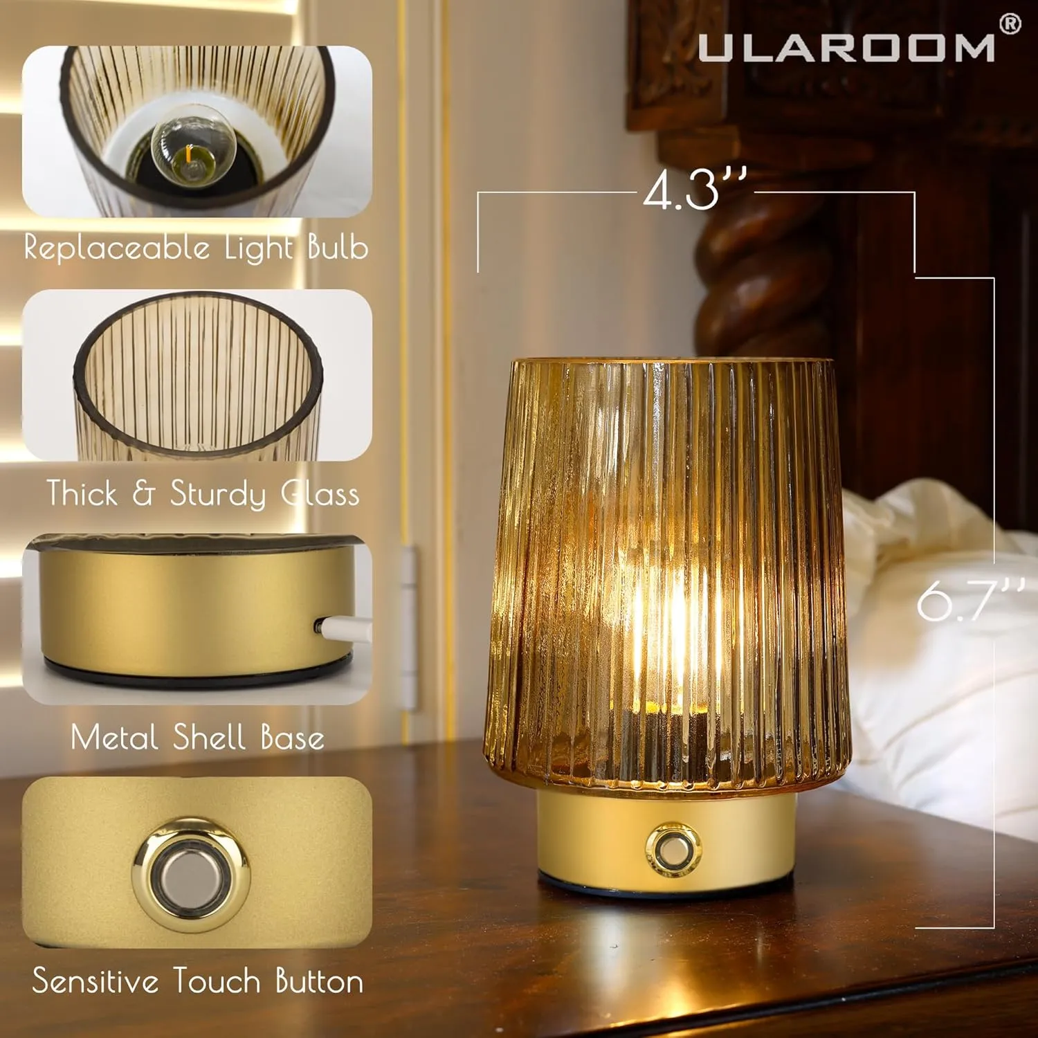 Cordless Rechargeable Battery Operated lamp,Glass Small Table lamp-Portable Dimmable Brightness Touch Wireless Bedside Lamp for Bedroom Kitchen Dining Home Living Room Decor Yellow