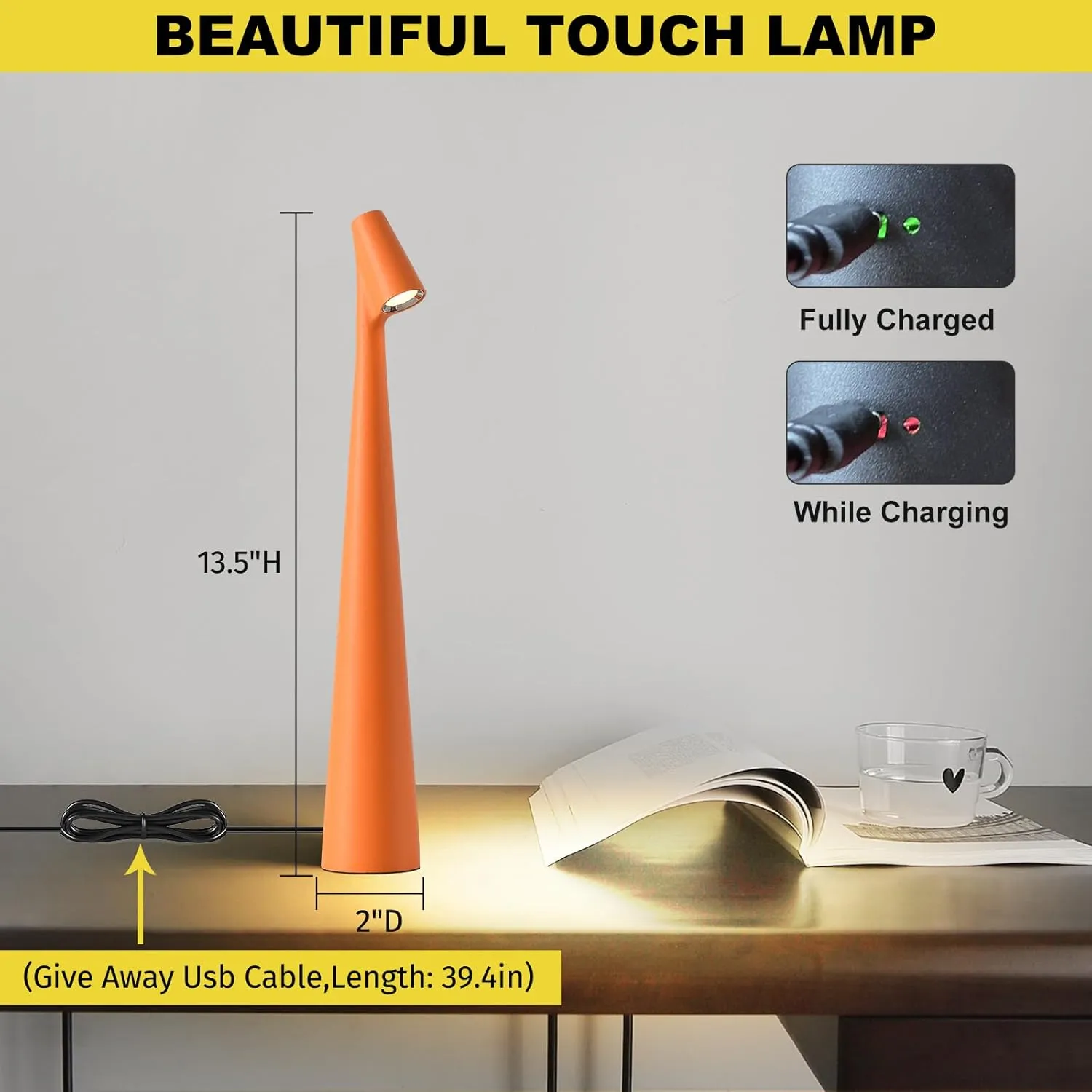 Cordless Small Table Lamps Set of 2,3 Levels Brightness Portable Desk Lamp,Rechargeable Battery Lights for Outdoor, Restaurant, Bedside, Baby Night Light,Gifts(Orange)