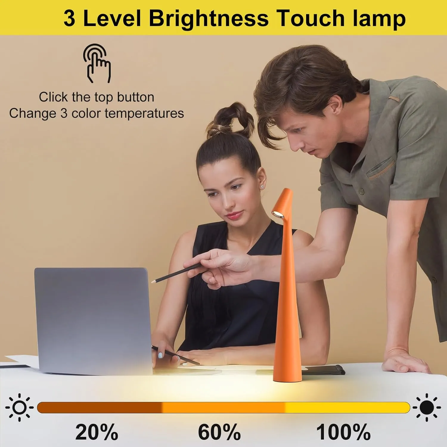 Cordless Small Table Lamps Set of 2,3 Levels Brightness Portable Desk Lamp,Rechargeable Battery Lights for Outdoor, Restaurant, Bedside, Baby Night Light,Gifts(Orange)