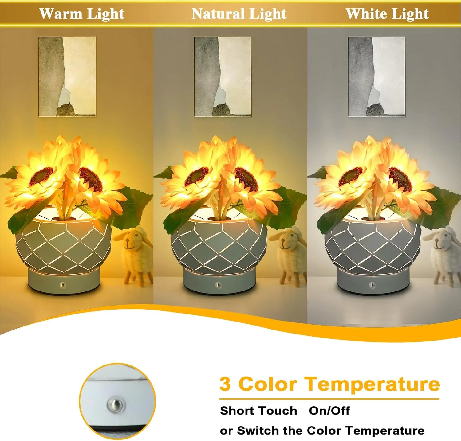Cordless Sunflowers Table Lamp, Dimmable LED Touch Beside Lamp with Rechargeable Battery Operated, Small Night Light Lamps for Room Home Decor, Birthday Gift for Women Mom