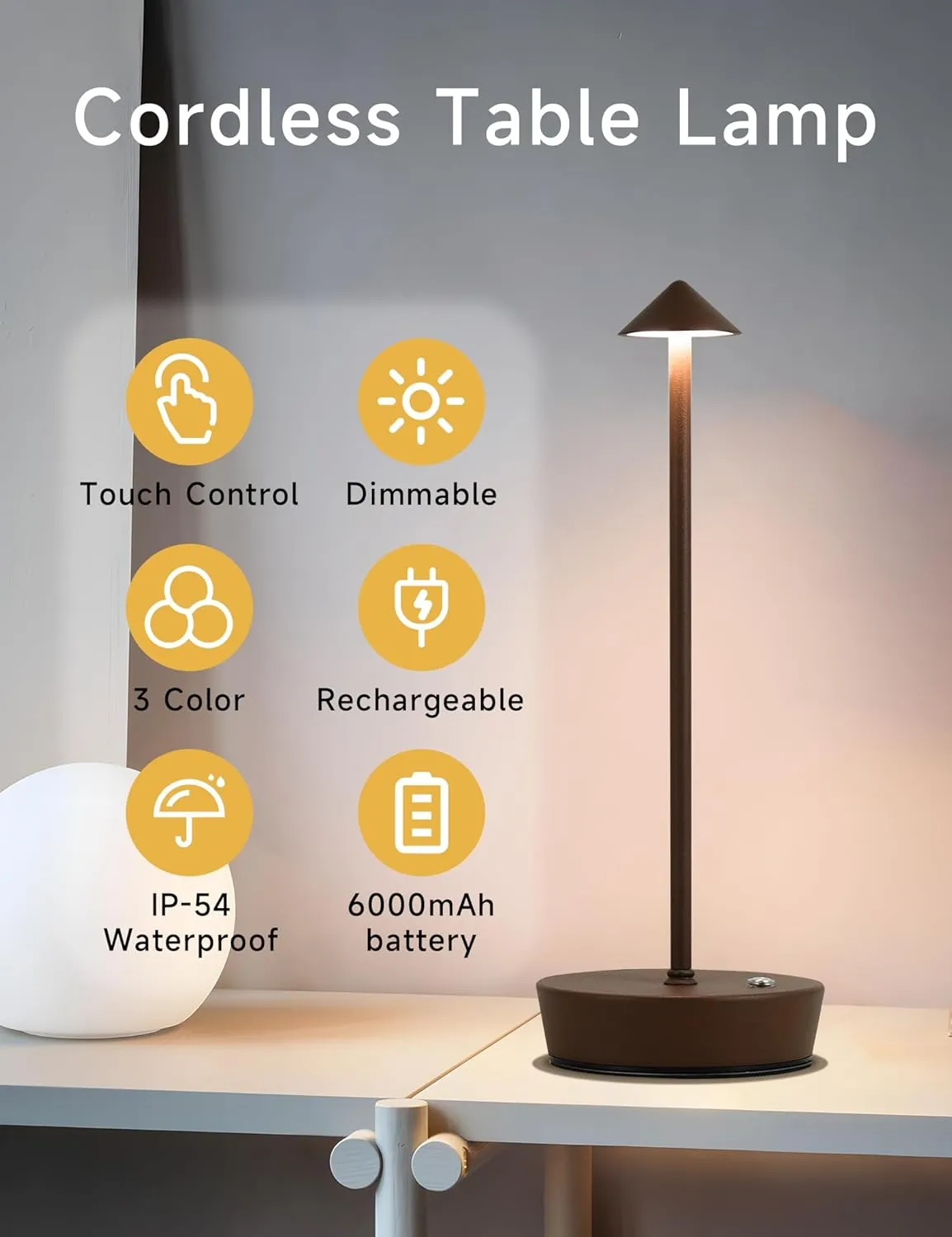 Cordless Table Lamps,LED Rechargeable Desk Lamp,Portable Modern USB Battery Operated Lights,Outdoor Waterproof Touch Dimmable,for Patio,Restaurant,Bar,Camping,Dining Home Set of 2 Brown