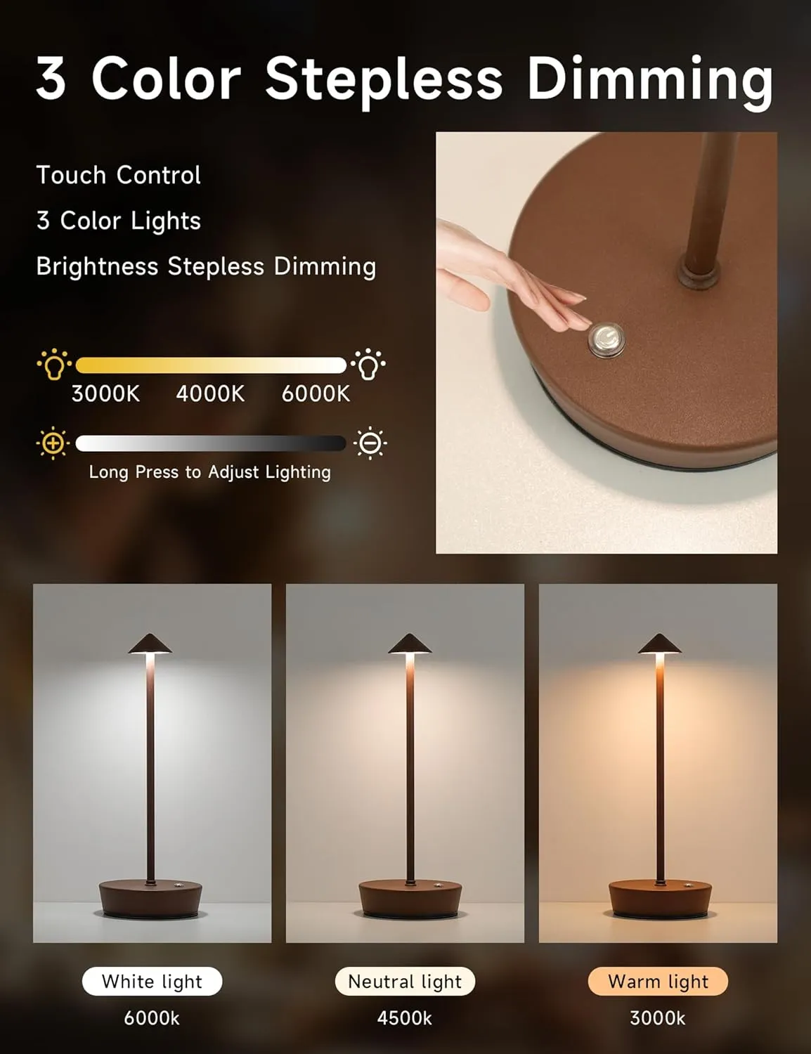 Cordless Table Lamps,LED Rechargeable Desk Lamp,Portable Modern USB Battery Operated Lights,Outdoor Waterproof Touch Dimmable,for Patio,Restaurant,Bar,Camping,Dining Home Set of 2 Brown
