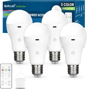 CordlessGlow 15W A19 Rechargeable Light Bulbs with Remote, 3 Color Temperatures   Dimmable Battery Powered Light Bulbs,up to 24 Hours