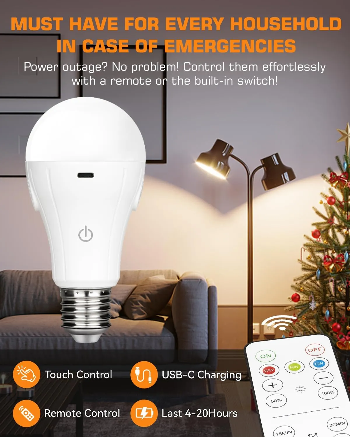 CordlessGlow 15W A19 Rechargeable Light Bulbs with Remote, 3 Color Temperatures   Dimmable Battery Powered Light Bulbs,up to 24 Hours