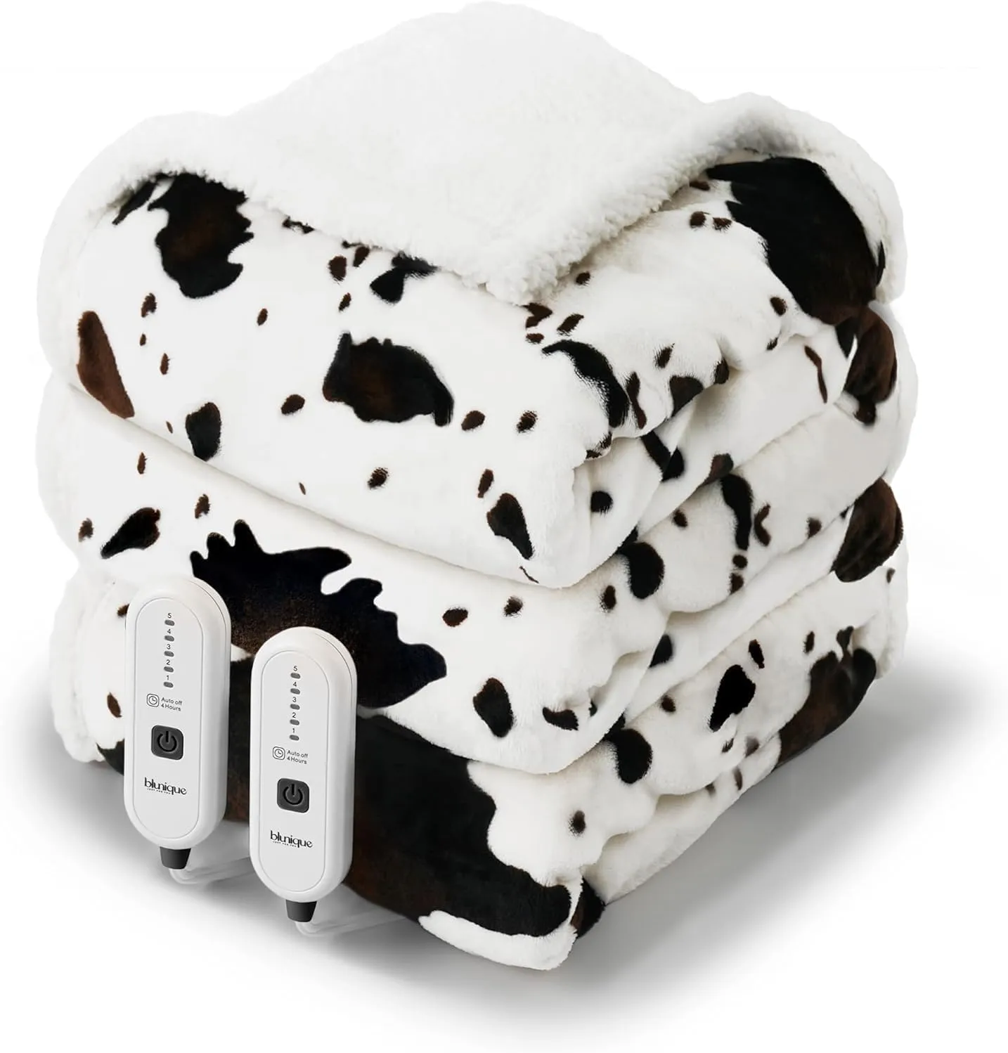 Cow Print Heated Electric Blanket King Size-Dual Control Heating Blanket King Size with 5 Heat Levels & 10 Hours Auto-Off, Cozy Soft Fleece Sherpa, Washable, 90x100 Inche