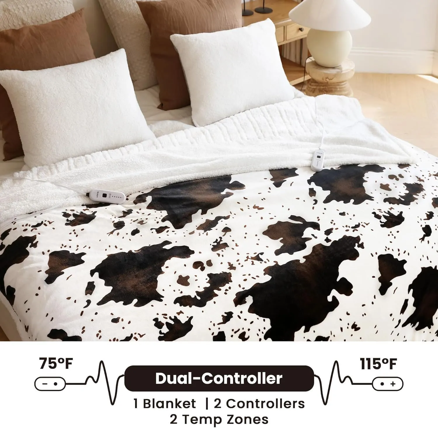 Cow Print Heated Electric Blanket King Size-Dual Control Heating Blanket King Size with 5 Heat Levels & 10 Hours Auto-Off, Cozy Soft Fleece Sherpa, Washable, 90x100 Inche
