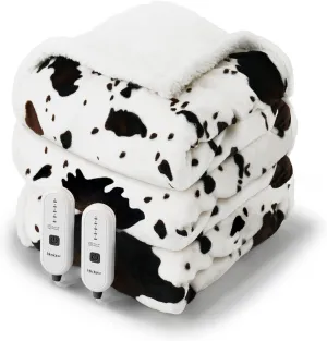 Cow Print Heated Electric Blanket King Size-Dual Control Heating Blanket King Size with 5 Heat Levels & 10 Hours Auto-Off, Cozy Soft Fleece Sherpa, Washable, 90x100 Inche