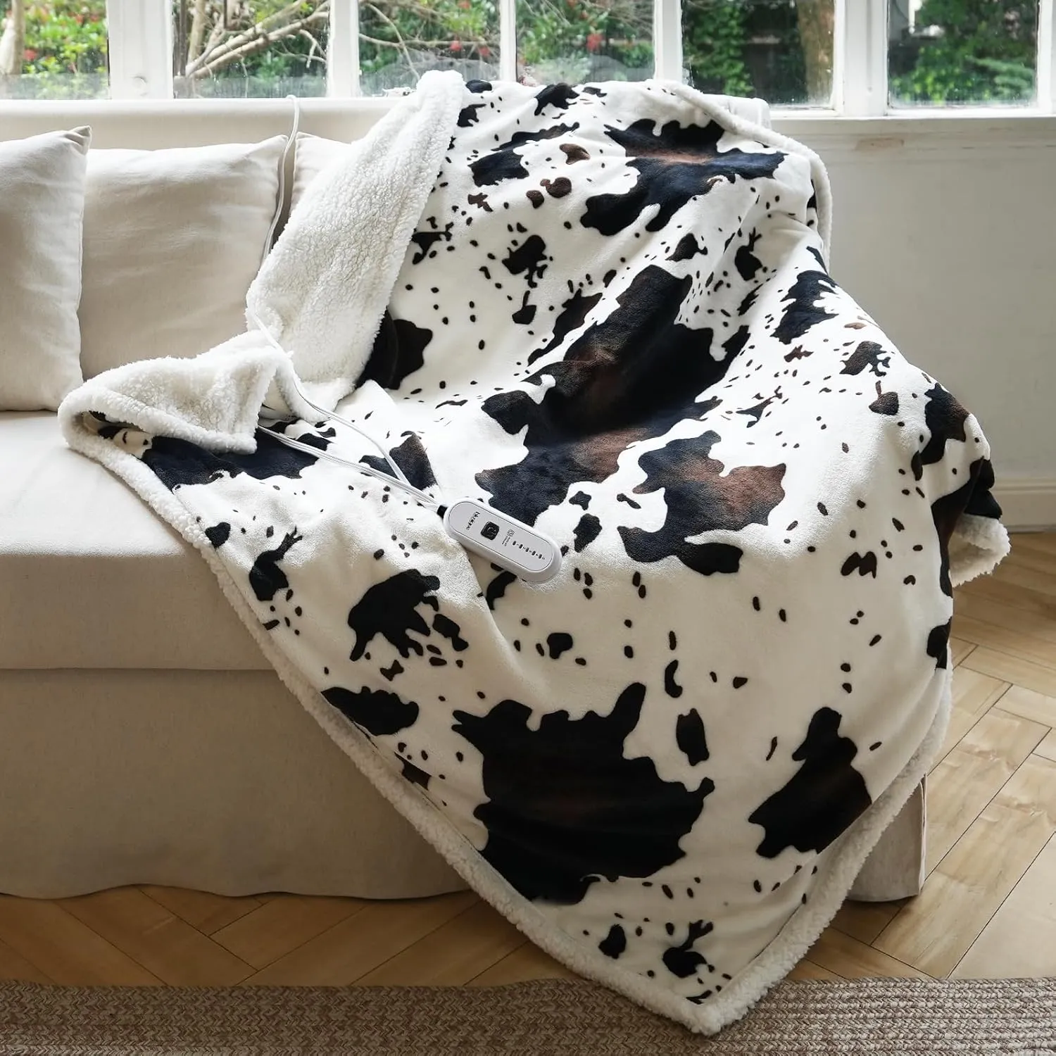 Cow Print Heated Throw Blanket Electric Blanket-Heating Blanket Throw with 5 Heat Levels & 4 Hours Auto-Off, Cozy Soft Fleece Sherpa, Washable, 50 x 60 Inches