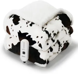 Cow Print Heated Throw Blanket Electric Blanket-Heating Blanket Throw with 5 Heat Levels & 4 Hours Auto-Off, Cozy Soft Fleece Sherpa, Washable, 50 x 60 Inches