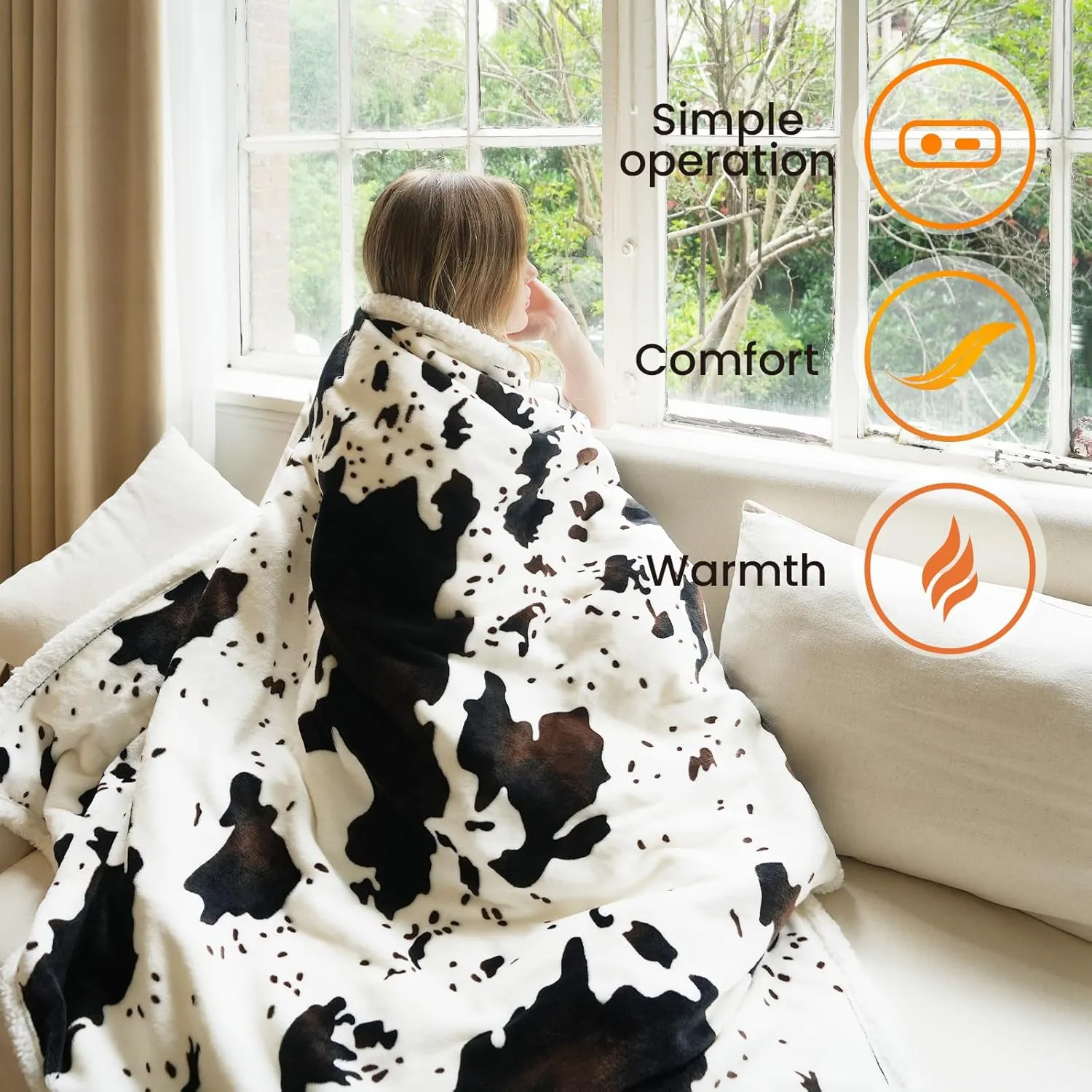 Cow Print Heated Throw Blanket Electric Blanket-Heating Blanket Throw with 5 Heat Levels & 4 Hours Auto-Off, Cozy Soft Fleece Sherpa, Washable, 50 x 60 Inches