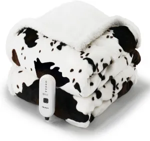 Cow Print Heated Throw Blanket Electric Blanket-Heating Blanket Throw with 5 Heat Levels & 4 Hours Auto-Off, Cozy Soft Fleece Sherpa, Washable, 50 x 60 Inches