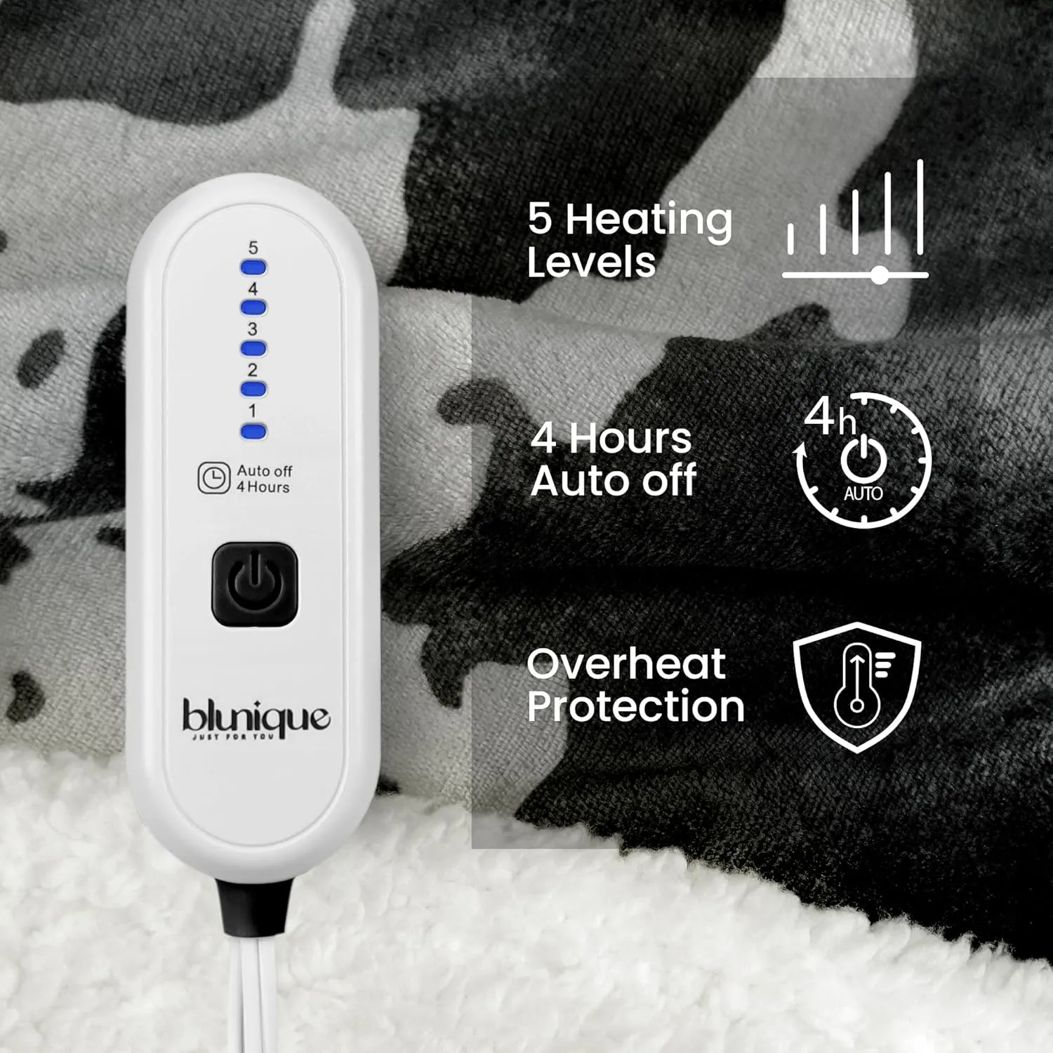 Cow Print Heated Throw Blanket Electric Blanket-Heating Blanket Throw with 5 Heat Levels & 4 Hours Auto-Off, Cozy Soft Fleece Sherpa, Washable, Fast Heating, 50 x 60 Inches, Grey
