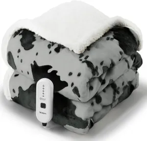 Cow Print Heated Throw Blanket Electric Blanket-Heating Blanket Throw with 5 Heat Levels & 4 Hours Auto-Off, Cozy Soft Fleece Sherpa, Washable, Fast Heating, 50 x 60 Inches, Grey