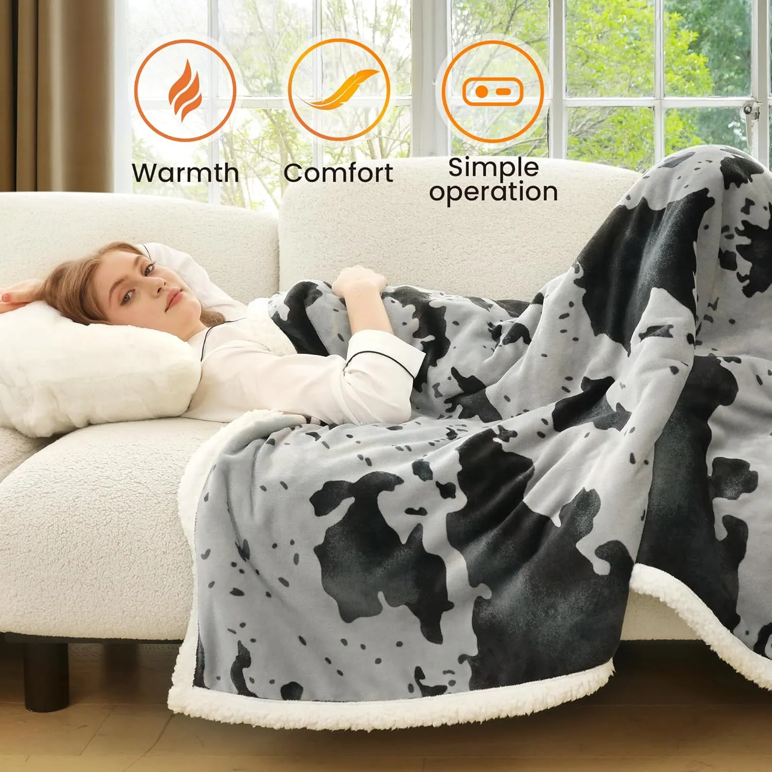 Cow Print Heated Throw Blanket Electric Blanket-Heating Blanket Throw with 5 Heat Levels & 4 Hours Auto-Off, Cozy Soft Fleece Sherpa, Washable, Fast Heating, 50 x 60 Inches, Grey