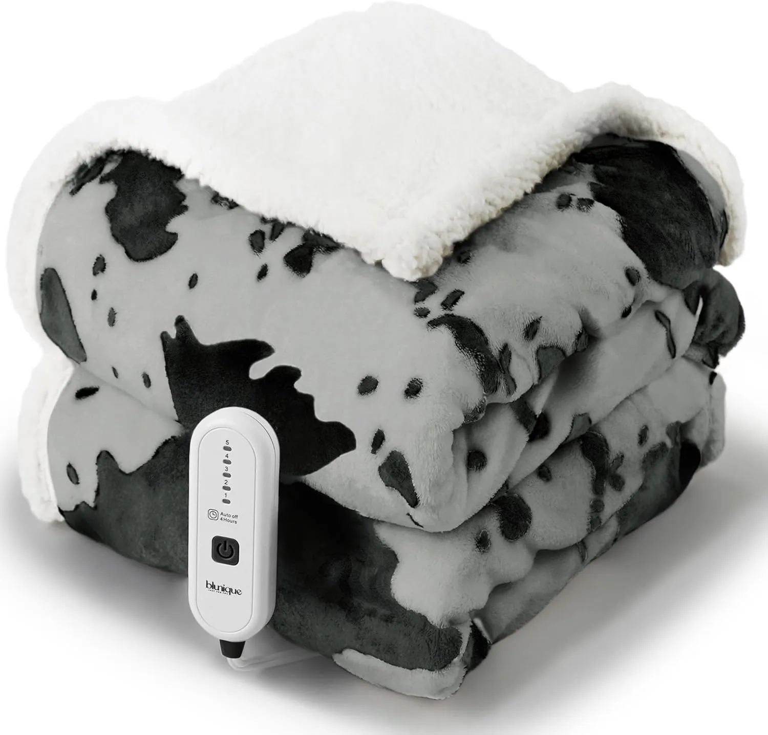 Cow Print Heated Throw Blanket Electric Blanket-Heating Blanket Throw with 5 Heat Levels & 4 Hours Auto-Off, Cozy Soft Fleece Sherpa, Washable, Fast Heating, 50 x 60 Inches, Grey