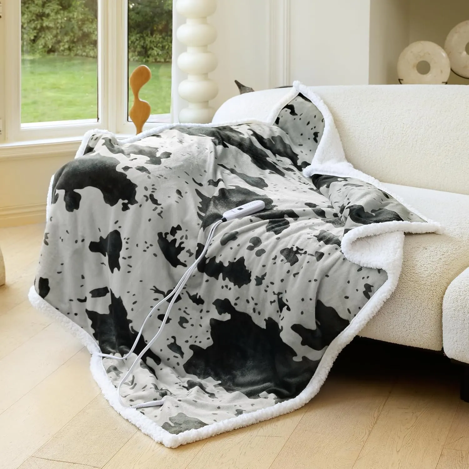 Cow Print Heated Throw Blanket Electric Blanket-Heating Blanket Throw with 5 Heat Levels & 4 Hours Auto-Off, Cozy Soft Fleece Sherpa, Washable, Fast Heating, 50 x 60 Inches, Grey