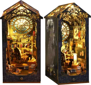 CRIOLPO Book Nook Kit - DIY Doll House Booknook, Book Nook Miniature Kit for Bookshelf Insert Decor Crafts for Adults Teen Halloween, 3D Wooden Puzzle Bookends with Sensor Led Light