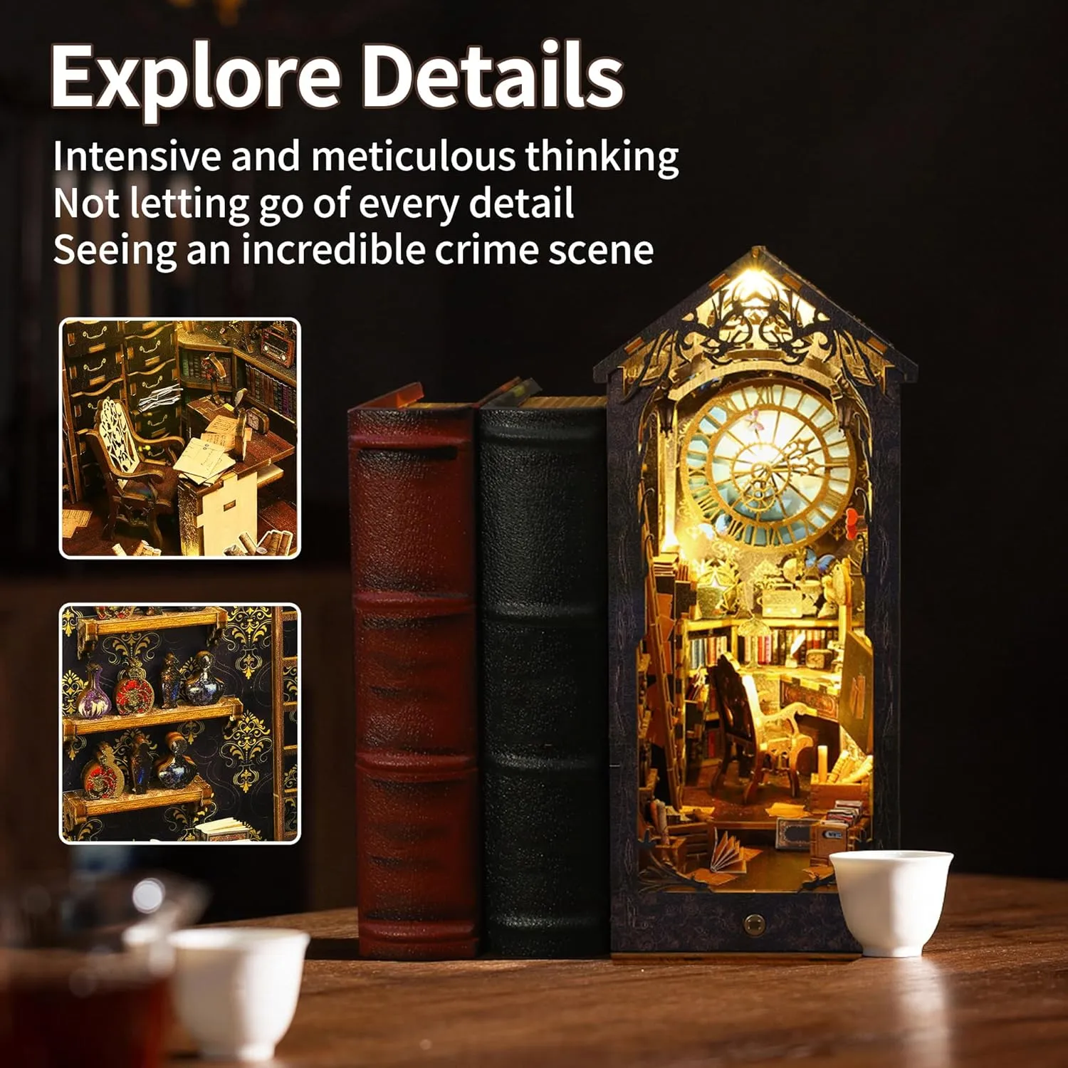 CRIOLPO Book Nook Kit - DIY Doll House Booknook, Book Nook Miniature Kit for Bookshelf Insert Decor Crafts for Adults Teen Halloween, 3D Wooden Puzzle Bookends with Sensor Led Light