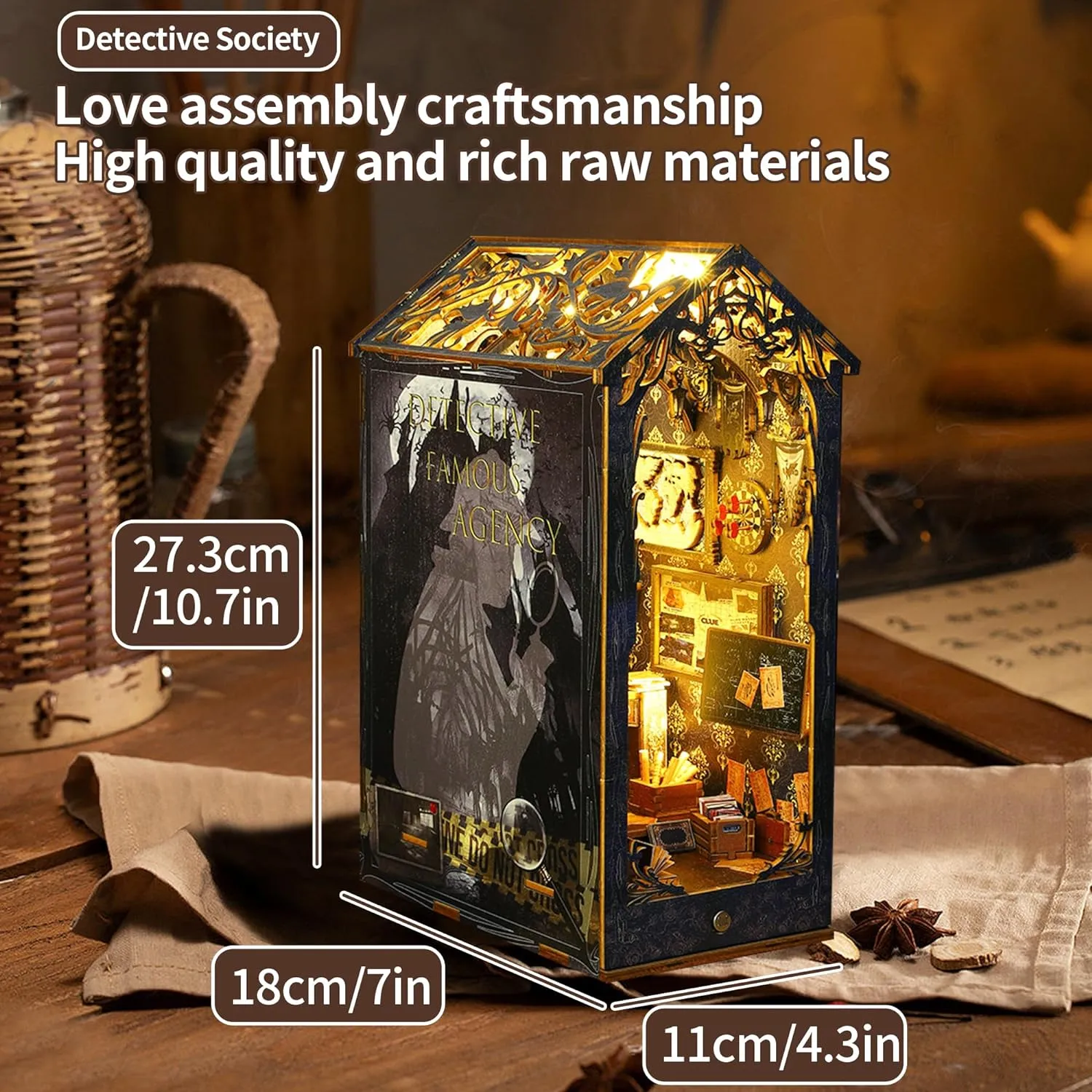 CRIOLPO Book Nook Kit - DIY Doll House Booknook, Book Nook Miniature Kit for Bookshelf Insert Decor Crafts for Adults Teen Halloween, 3D Wooden Puzzle Bookends with Sensor Led Light