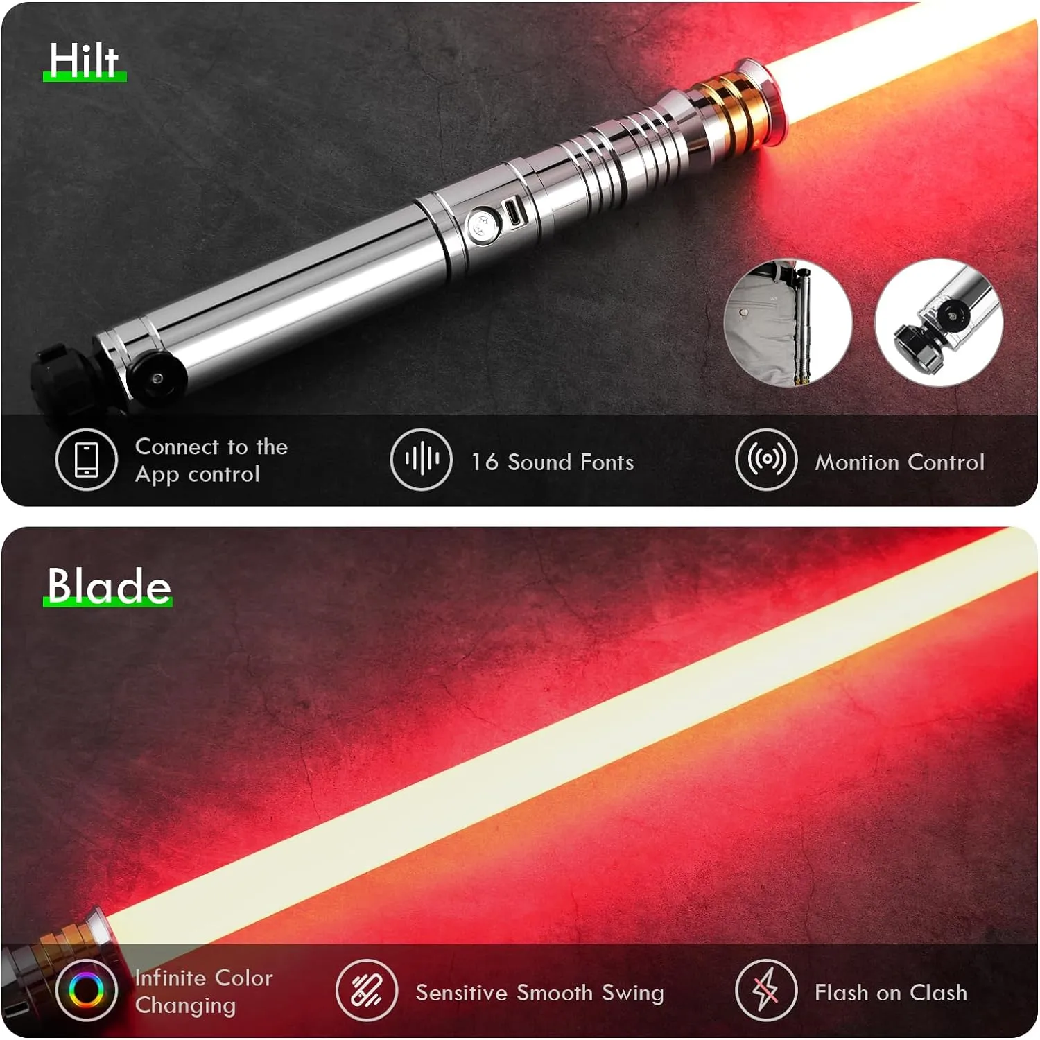 CUSTOM SABER Sensitive Smooth Swing RGBX Motion Control Light Saber, Support Real Heavy Dueling, Infinite Color Changing, 16 Sound Fonts, Aluminium Alloy Hilt Revan Light Saber for Adult Gift