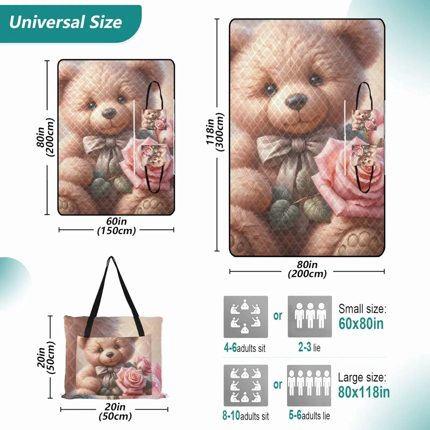Cute Teddy Bear Rose Waterproof Beach Blanket Sand Proof Picnic Accessories Foldable Floral Tent Rugs for Camping Mat 118" x 80"