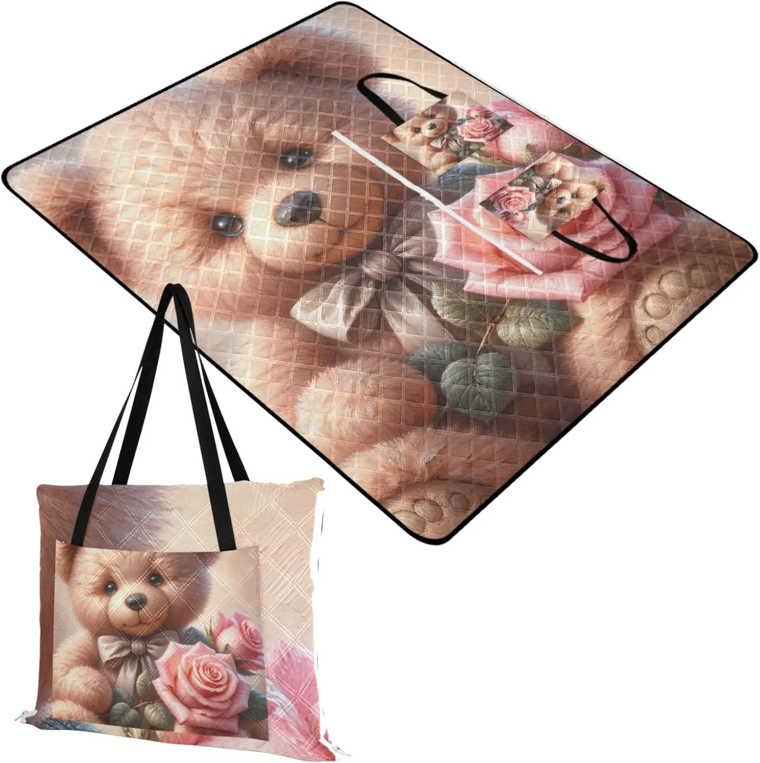 Cute Teddy Bear Rose Waterproof Beach Blanket Sand Proof Picnic Accessories Foldable Floral Tent Rugs for Camping Mat 118" x 80"