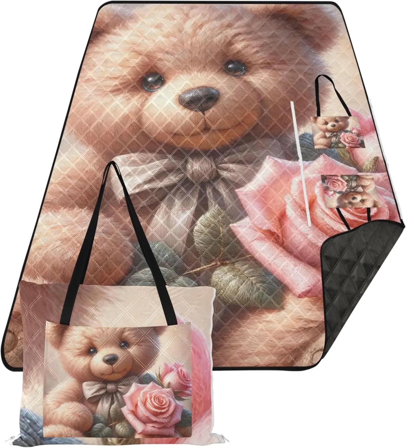 Cute Teddy Bear Rose Waterproof Beach Blanket Sand Proof Picnic Accessories Foldable Floral Tent Rugs for Camping Mat 118" x 80"